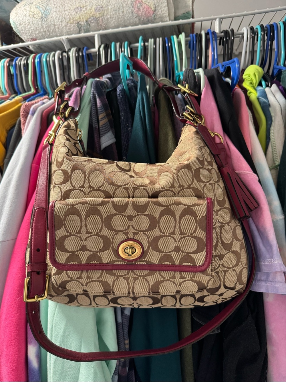 Coach Signature Canvas Shoulder Bag in Khaki and Cherry